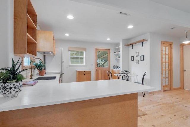 1405 Cometa St, Austin, TX 78721 - kitchen featuring open shelves, light countertops, a peninsula, light wood-type flooring, and recessed lighting