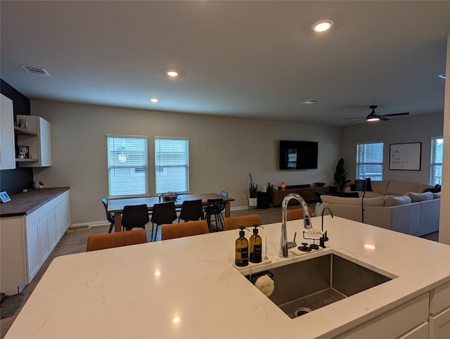 3030 Charyn Way, New Braunfels, TX 78132 - kitchen featuring white cabinets, healthy amount of natural light, recessed lighting, ceiling fan, and open shelves