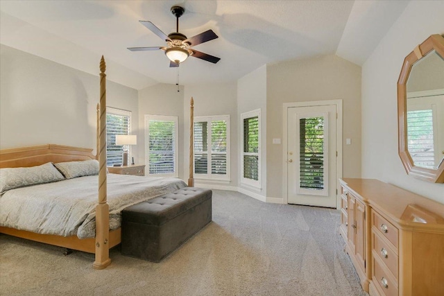 505 Newhall Cv, Austin, TX 78746 - bedroom featuring access to outside, vaulted ceiling, light colored carpet, and a ceiling fan