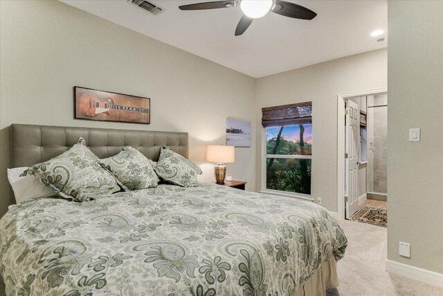 505 Newhall Cv, Austin, TX 78746 - bedroom featuring carpet, ceiling fan, and connected bathroom