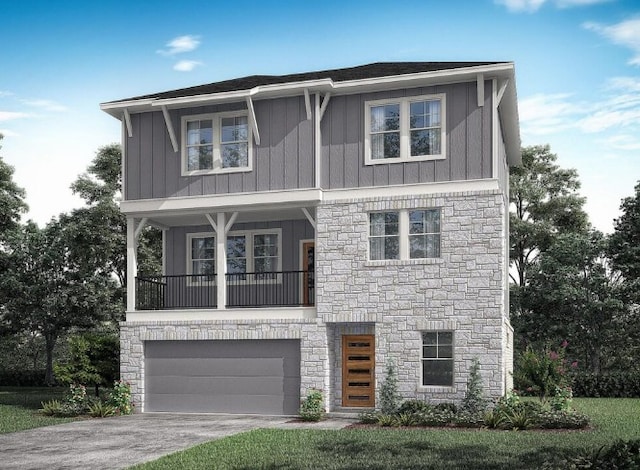 view of front of property featuring driveway, a garage, a balcony, and stone siding