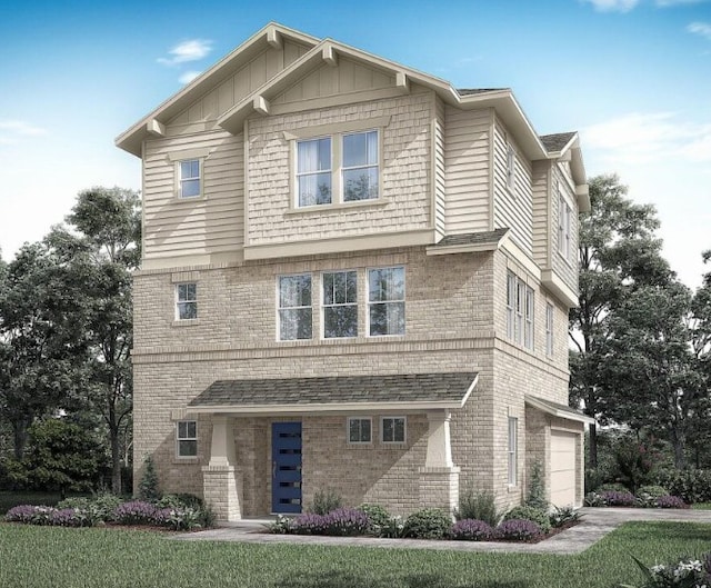 craftsman-style house with board and batten siding and brick siding