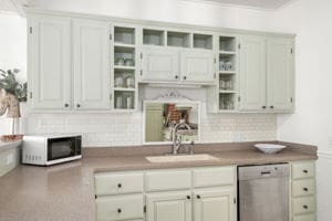 128 E Cedar St, La Grange, TX 78945 - kitchen featuring stainless steel dishwasher, a sink, open shelves, and white microwave