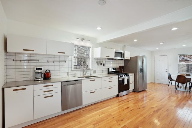 kitchen featuring decorative backsplash, white cabinets, a sink, stainless steel appliances, and light wood finished floors