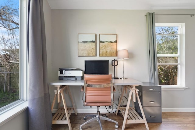 office featuring wood finished floors and baseboards