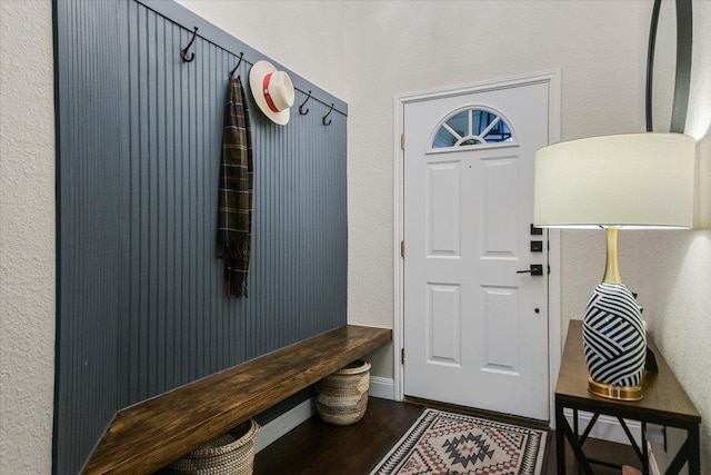 mudroom featuring dark wood finished floors