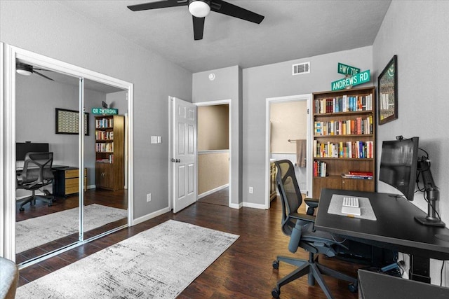 2605 Enfield Rd Unit 209, Austin, TX 78703 - office with a ceiling fan, wood finished floors, and baseboards