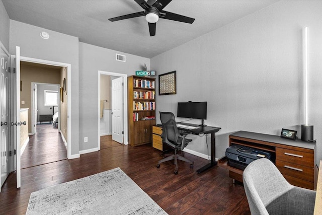 2605 Enfield Rd Unit 209, Austin, TX 78703 - office area with wood finished floors, ceiling fan, and baseboards
