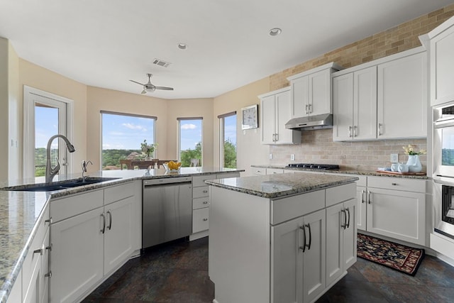 3207 Crystal Falls Pkwy, Leander, TX 78641 - kitchen with visible vents, a center island, under cabinet range hood, a sink, and stainless steel appliances