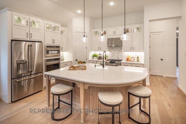 321 Dycus Bnd, Liberty Hill, TX 78642 - kitchen with appliances with stainless steel finishes, ventilation hood, backsplash, light wood finished floors, and white cabinetry