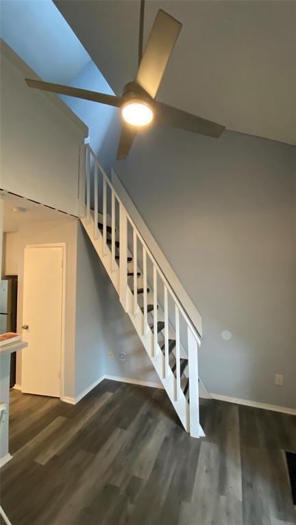 2815 Rio Grande St Unit 201, Austin, TX 78705 - stairway with baseboards, wood finished floors, and a ceiling fan