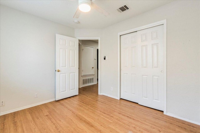 109 David Dr, Hutto, TX 78634 - unfurnished bedroom with light wood-type flooring, a closet, and a ceiling fan