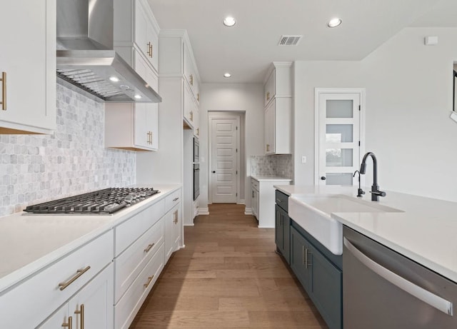 109 Flora Springs Cv, Liberty Hill, TX 78642 - kitchen with wall chimney range hood, appliances with stainless steel finishes, a sink, white cabinetry, and light countertops