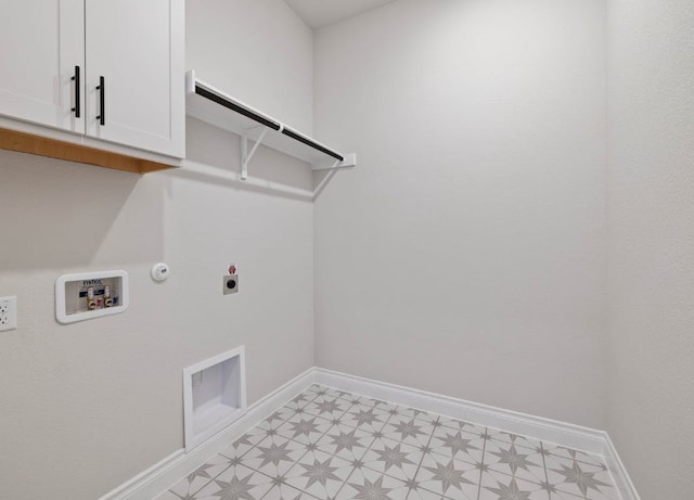 109 Flora Springs Cv, Liberty Hill, TX 78642 - washroom with gas dryer hookup, light flooring, baseboards, electric dryer hookup, and cabinet space