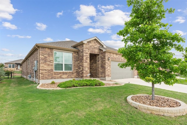 ranch-style house featuring a garage, concrete driveway, a front lawn, and brick siding