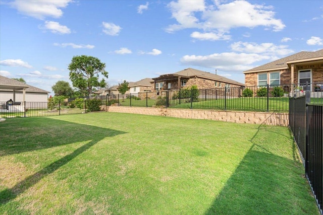 view of yard featuring a fenced backyard and a residential view