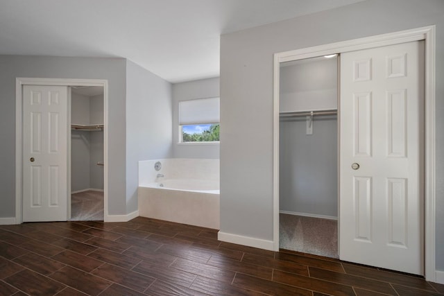 bathroom with baseboards, a spacious closet, wood finish floors, and a garden tub