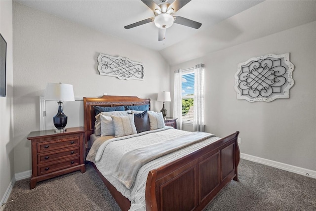 bedroom featuring baseboards, ceiling fan, lofted ceiling, and carpet flooring