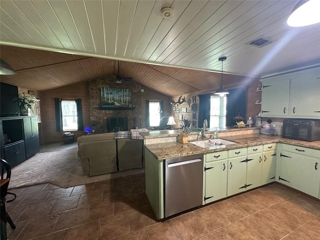 kitchen featuring stainless steel dishwasher, a sink, wooden ceiling, a peninsula, and a ceiling fan