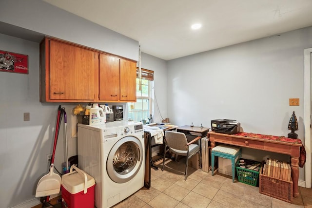 laundry room with light tile patterned floors, washer and dryer, cabinet space, and recessed lighting