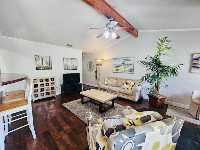 living room featuring crown molding, ceiling fan, visible vents, lofted ceiling with beams, and wood finished floors