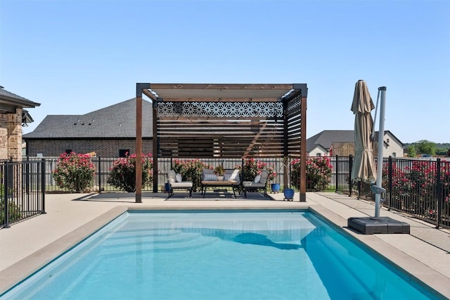 view of pool with a patio, an outdoor living space, a fenced in pool, and a fenced backyard