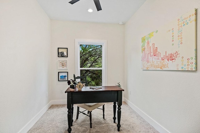 office with baseboards, recessed lighting, a ceiling fan, and light colored carpet