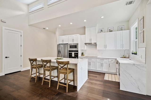kitchen with a sink, under cabinet range hood, visible vents, white cabinets, and appliances with stainless steel finishes