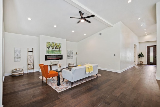 living room with dark wood-style floors, high vaulted ceiling, beam ceiling, and baseboards