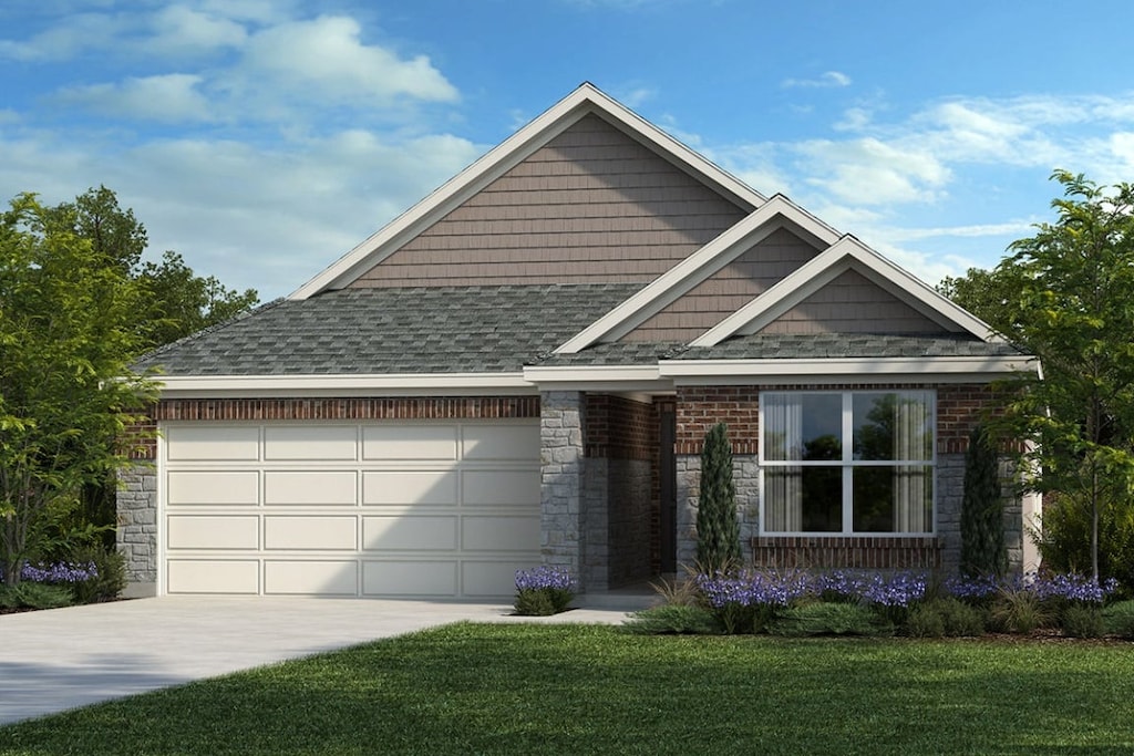 view of front of home with concrete driveway, stone siding, roof with shingles, a front lawn, and a garage