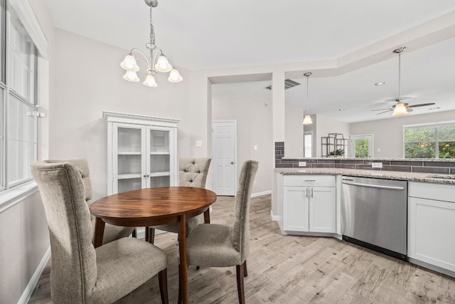 dining area featuring recessed lighting, light wood-style floors, visible vents, baseboards, and ceiling fan with notable chandelier