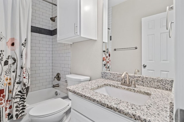 bathroom featuring toilet, shower / bathtub combination with curtain, and vanity