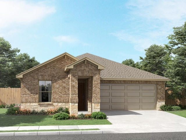 single story home featuring a garage, a shingled roof, driveway, brick siding, and fence