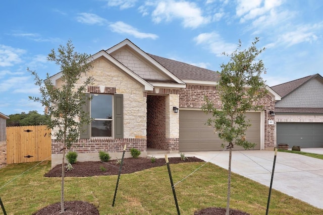 109 Coastal Way, Georgetown, TX 78628 - view of front facade with concrete driveway, an attached garage, stone siding, brick siding, and roof with shingles