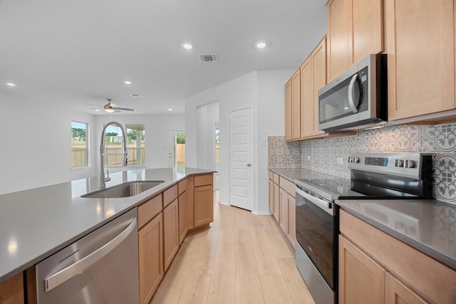 109 Coastal Way, Georgetown, TX 78628 - kitchen with stainless steel appliances, a sink, recessed lighting, light wood-style floors, and backsplash