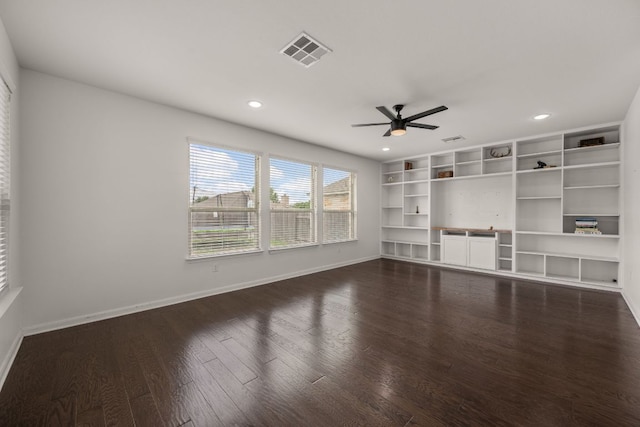 empty room featuring visible vents, dark wood-style flooring, baseboards, ceiling fan, and recessed lighting
