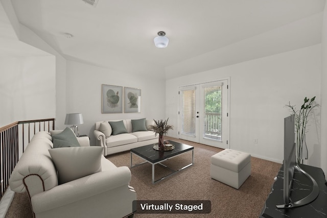 carpeted living area featuring baseboards