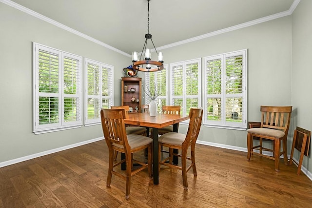 112 Hill Country Dr, Georgetown, TX 78633 - dining space featuring a chandelier, ornamental molding, wood finished floors, and baseboards