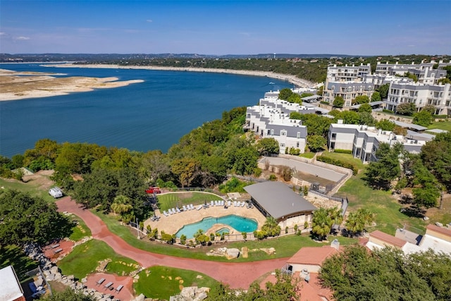 drone / aerial view with a water view