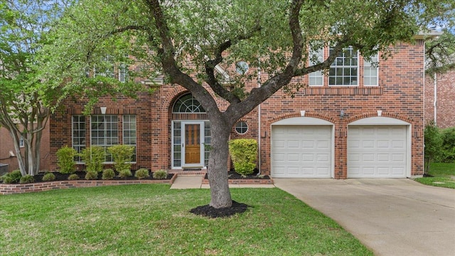 traditional-style home with a garage, brick siding, a front lawn, and concrete driveway