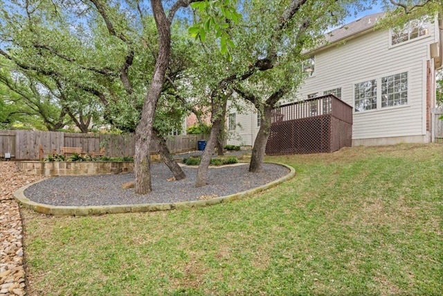 view of yard with a deck and a fenced backyard
