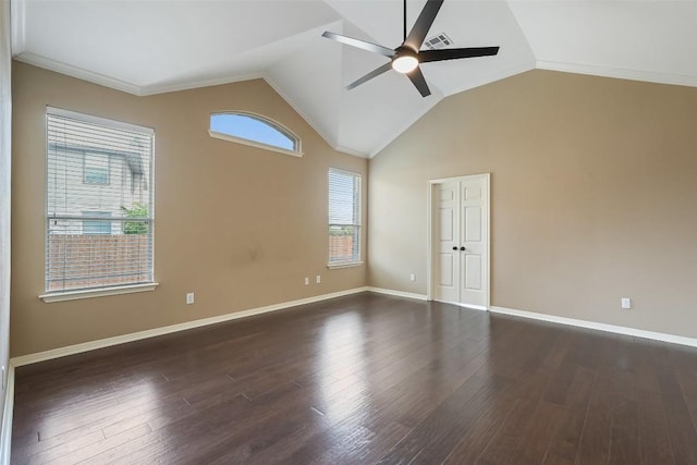 2213 Settlers Park Loop, Round Rock, TX 78665 - unfurnished room featuring a ceiling fan, dark wood-type flooring, baseboards, and high vaulted ceiling