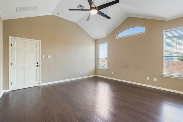 2213 Settlers Park Loop, Round Rock, TX 78665 - empty room featuring ceiling fan, lofted ceiling, plenty of natural light, dark wood-style floors, and ornamental molding