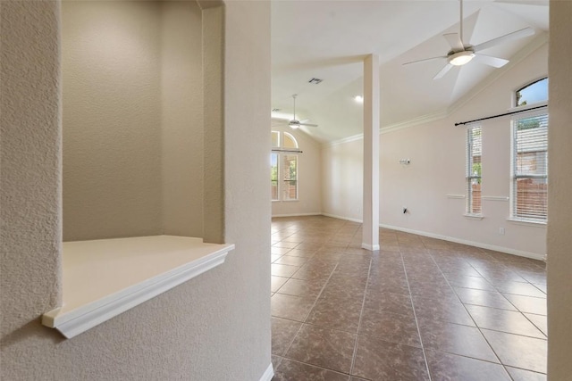 2213 Settlers Park Loop, Round Rock, TX 78665 - empty room with ceiling fan, lofted ceiling, tile patterned floors, ornamental molding, and baseboards