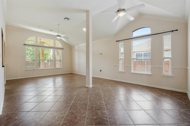 2213 Settlers Park Loop, Round Rock, TX 78665 - unfurnished living room with ceiling fan, healthy amount of natural light, vaulted ceiling, tile patterned floors, and baseboards