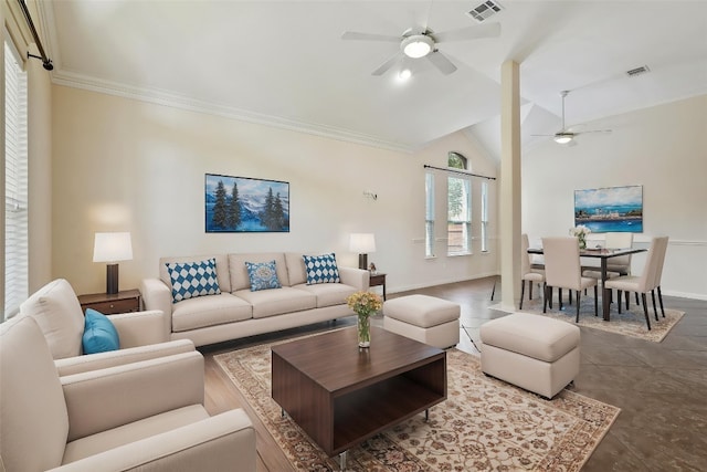 2213 Settlers Park Loop, Round Rock, TX 78665 - living area featuring a ceiling fan, lofted ceiling, ornamental molding, and baseboards