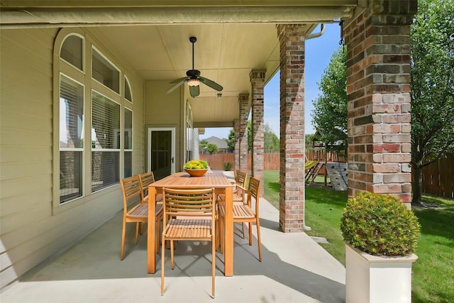 2213 Settlers Park Loop, Round Rock, TX 78665 - view of patio / terrace featuring outdoor dining space and ceiling fan