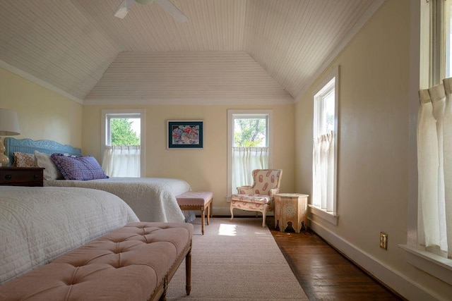 bedroom featuring lofted ceiling, wooden ceiling, baseboards, dark wood-type flooring, and a ceiling fan