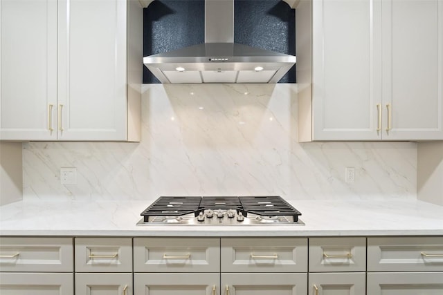 204 San Saba Dr, Georgetown, TX 78633 - kitchen featuring light countertops, wall chimney exhaust hood, decorative backsplash, and stainless steel gas stovetop