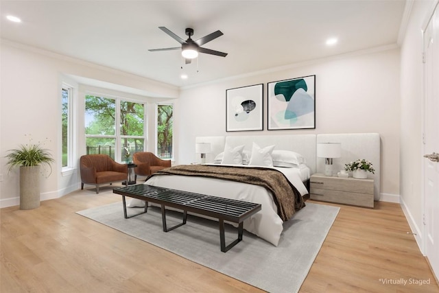 204 San Saba Dr, Georgetown, TX 78633 - bedroom with crown molding, ceiling fan, recessed lighting, baseboards, and light wood-type flooring